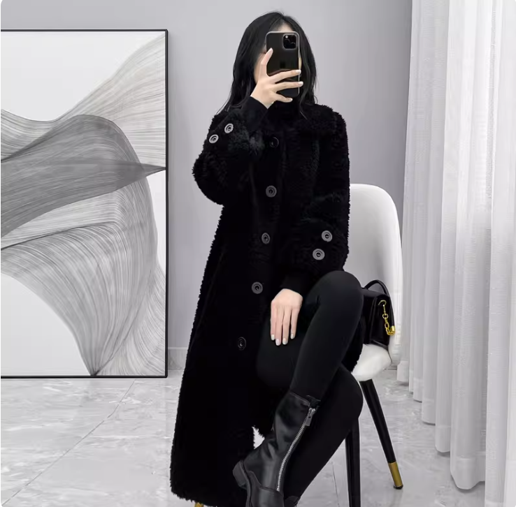朗姿约定皮毛一体外套女2026年新款冬季中长款羊羔毛大衣加厚皮草